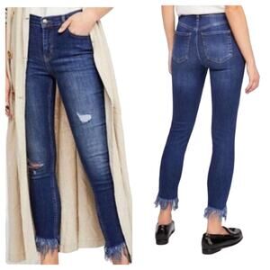 Free People Great Heights Skinny Jeans Blue Distressed Frayed Raw Hem Size 27